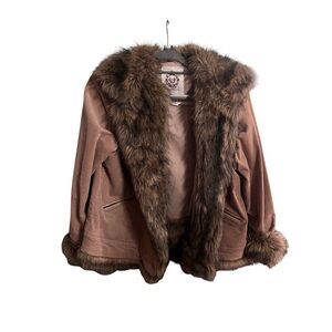 UM Company Brown Faux Fur Trimmed Jacket Button Up Corduroy Size M